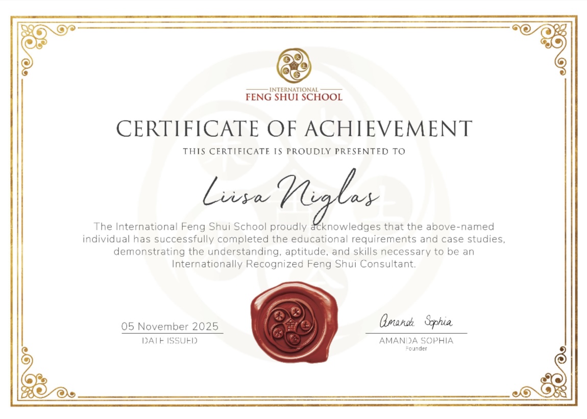 International Feng Shui School Certificate of Achievement awarded to Liisa Niglas